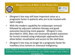 • Ohngren’s line may still have important value as a
prognostic factor in patients who are to be treated with
open surgery.
• With the modern capability for endoscopic removal
followed by adjuvant radiation therapy and good
outcomes becoming more popular. Ohngren’s Line,
described in 1933, does not necessarily predict outcomes
for tumors treated using endoscopic approaches that
allow better visualization and access to the skull base.
• Ohngren’s line may no longer be a prognostic factor for
maxillary sinus tumors or sinonasal malignancy,
Turner, Meghan & Geltzeiler, Mathew & Hebert, Andrea & Fernandez-Miranda, Juan
& Gardner, Paul & Wang, Eric & Snyderman, Carl. (2018). Ohngren's Line: A Relic in
the Modern Era.
 