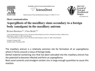 The maxillary antrum is a relatively common site for formation of an aspergilloma
where it forms around a nexus of foreign body.
Dental material containing zinc that has been extruded into the maxillary antrum has
the potential to become infected and form an aspergilloma.
Root canal cements and amalgam contain zinc in large enough quantities to cause this
reaction.
 
