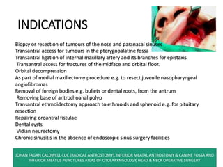 INDICATIONS
Biopsy or resection of tumours of the nose and paranasal sinuses
Transantral access for tumours in the pterygopalatine fossa
Transantral ligation of internal maxillary artery and its branches for epistaxis
Transantral access for fractures of the midface and orbital floor.
Orbital decompression
As part of medial maxillectomy procedure e.g. to resect juvenile nasopharyngeal
angiofibromas
Removal of foreign bodies e.g. bullets or dental roots, from the antrum
Removing base of antrochoanal polyp
Transantral ethmoidectomy approach to ethmoids and sphenoid e.g. for pituitary
resection
Repairing oroantral fistulae
Dental cysts
Vidian neurectomy
Chronic sinusitis in the absence of endoscopic sinus surgery facilities
JOHAN FAGAN CALDWELL-LUC (RADICAL ANTROSTOMY), INFERIOR MEATAL ANTROSTOMY & CANINE FOSSA AND
INFERIOR MEATUS PUNCTURES ATLAS OF OTOLARYNGOLOGY, HEAD & NECK OPERATIVE SURGERY
 