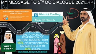 MY MESSAGE TO 5TH DC DIALOGUE 2021‫رسالتى‬
Many DC Plants &
Provider
THE PROGRAM
AIMS TO INCREASE
PENETRATION OF
DISTRICT COOLING FROM
16% OF REFRIGERATION
CAPACITY IN 2011 TO
40% IN 2030
• http://taqati.ae/report/2018/#dsm
 