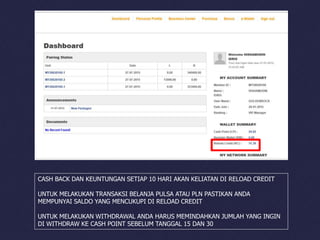 CASH BACK DAN KEUNTUNGAN SETIAP 10 HARI AKAN KELIATAN DI RELOAD CREDIT
UNTUK MELAKUKAN TRANSAKSI BELANJA PULSA ATAU PLN PASTIKAN ANDA
MEMPUNYAI SALDO YANG MENCUKUPI DI RELOAD CREDIT
UNTUK MELAKUKAN WITHDRAWAL ANDA HARUS MEMINDAHKAN JUMLAH YANG INGIN
DI WITHDRAW KE CASH POINT SEBELUM TANGGAL 15 DAN 30
 