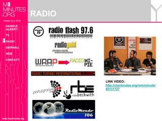 RADIO
  DANIELE
  ALBERTI

  TV

  RADIO

  GIORNALI

  WEB

  CONTATTI




                            LINK VIDEO:
                            http://myminutes.org/mm/minute/
                            05131727




www.myminutes.org
 