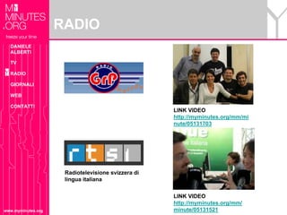 RADIO
  DANIELE
  ALBERTI

  TV

  RADIO

  GIORNALI

  WEB

  CONTATTI
                                                    LINK VIDEO
                                                    http://myminutes.org/mm/mi
                                                    nute/05131703




                     Radiotelevisione svizzera di
                     lingua italiana


                                                    LINK VIDEO
                                                    http://myminutes.org/mm/
www.myminutes.org                                   minute/05131521
 