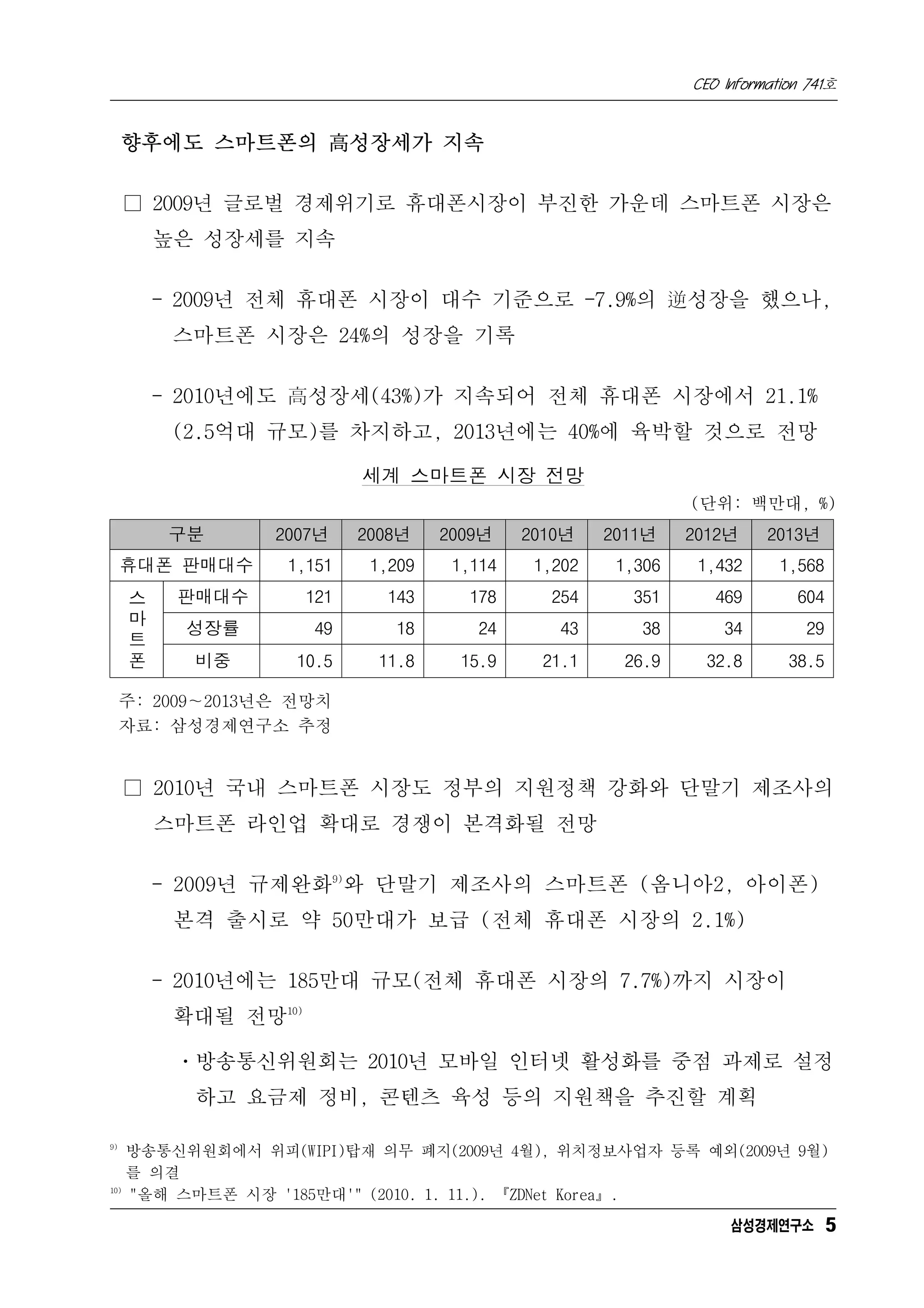 CEO Information 741호


     향후에도 스마트폰의 高성장세가 지속

     □ 2009년 글로벌 경제위기로 휴대폰시장이 부진한 가운데 스마트폰 시장은
         높은 성장세를 지속

         - 2009년 전체 휴대폰 시장이 대수 기준으로 -7.9%의 逆성장을 했으나,
          스마트폰 시장은 24%의 성장을 기록

         - 2010년에도 高성장세(43%)가 지속되어 전체 휴대폰 시장에서 21.1%
          (2.5억대 규모)를 차지하고, 2013년에는 40%에 육박할 것으로 전망

                            세계 스마트폰 시장 전망
                                                                (단위: 백만대, %)
          구분      2007년     2008년    2009년    2010년    2011년    2012년     2013년
     휴대폰 판매대수      1,151     1,209    1,114    1,202    1,306    1,432      1,568
     스    판매대수        121      143      178      254      351      469        604
     마
           성장률        49       18       24       43       38        34         29
     트
     폰     비중       10.5      11.8     15.9     21.1     26.9     32.8       38.5

     주: 2009∼2013년은 전망치
     자료: 삼성경제연구소 추정


     □ 2010년 국내 스마트폰 시장도 정부의 지원정책 강화와 단말기 제조사의
         스마트폰 라인업 확대로 경쟁이 본격화될 전망

         - 2009년 규제완화9)와 단말기 제조사의 스마트폰 (옴니아2, 아이폰)
          본격 출시로 약 50만대가 보급 (전체 휴대폰 시장의 2.1%)

         - 2010년에는 185만대 규모(전체 휴대폰 시장의 7.7%)까지 시장이
          확대될 전망10)

          ㆍ방송통신위원회는 2010년 모바일 인터넷 활성화를 중점 과제로 설정
           하고 요금제 정비, 콘텐츠 육성 등의 지원책을 추진할 계획

9)
    방송통신위원회에서 위피(WIPI)탑재 의무 폐지(2009년 4월), 위치정보사업자 등록 예외(2009년 9월)
    를 의결
10)
    "올해 스마트폰 시장 '185만대'" (2010. 1. 11.). 『ZDNet Korea』.
                                                                     삼성경제연구소 5
 
