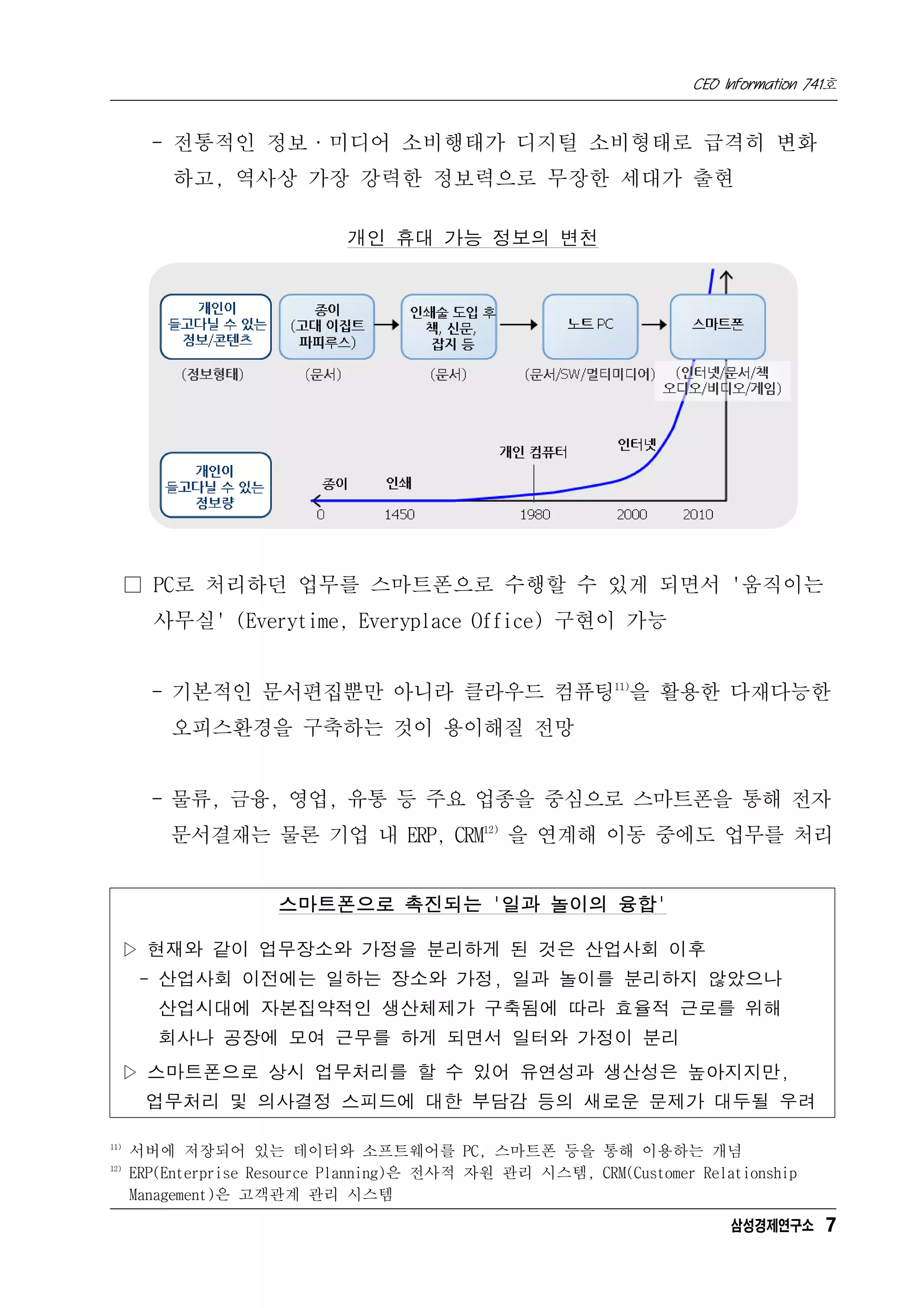 CEO Information 741호


        - 전통적인 정보·미디어 소비행태가 디지털 소비형태로 급격히 변화
          하고, 역사상 가장 강력한 정보력으로 무장한 세대가 출현

                              개인 휴대 가능 정보의 변천




      □ PC로 처리하던 업무를 스마트폰으로 수행할 수 있게 되면서 '움직이는
        사무실' (Everytime, Everyplace Office) 구현이 가능


        - 기본적인 문서편집뿐만 아니라 클라우드 컴퓨팅11)을 활용한 다재다능한
          오피스환경을 구축하는 것이 용이해질 전망


        - 물류, 금융, 영업, 유통 등 주요 업종을 중심으로 스마트폰을 통해 전자
          문서결재는 물론 기업 내 ERP, CRM12) 을 연계해 이동 중에도 업무를 처리


                      스마트폰으로 촉진되는 '일과 놀이의 융합'

  ▷ 현재와 같이 업무장소와 가정을 분리하게 된 것은 산업사회 이후
       - 산업사회 이전에는 일하는 장소와 가정, 일과 놀이를 분리하지 않았으나
         산업시대에 자본집약적인 생산체제가 구축됨에 따라 효율적 근로를 위해
         회사나 공장에 모여 근무를 하게 되면서 일터와 가정이 분리
  ▷ 스마트폰으로 상시 업무처리를 할 수 있어 유연성과 생산성은 높아지지만,
       업무처리 및 의사결정 스피드에 대한 부담감 등의 새로운 문제가 대두될 우려

11)
      서버에 저장되어 있는 데이터와 소프트웨어를 PC, 스마트폰 등을 통해 이용하는 개념
12)
      ERP(Enterprise Resource Planning)은 전사적 자원 관리 시스템, CRM(Customer Relationship
      Management)은 고객관계 관리 시스템
                                                                          삼성경제연구소 7
 