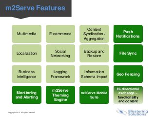 m2Serve Features

                                                       Content
                                                                         Push
            Multimedia                 E-commerce    Syndication /
                                                                     Notifications
                                                     Aggregation


                                         Social      Backup and
           Localization                                               File Sync
                                       Networking     Restore



            Business                    Logging      Information
                                                                     Geo Fencing
           Intelligence                Framework    Schema Import


                                        m2Serve                      Bi-directional
          Monitoring                                m2Serve Mobile    exchange –
                                        Theming         Suite        functionality
         and Alerting
                                         Engine                       and content


Copyright 2012. All rights reserved.
 