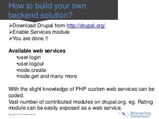 How to build your own
backend solution?
Download Drupal from http://drupal.org/
Enable Services module
You are done !!

Available web services
  •user.login
  •user.logout
  •node.create
  •node.get and many more

With the slight knowledge of PHP custom web services can be
coded.
Vast number of contributed modules on drupal.org. eg. Rating
module can be easily exposed as a web service.
Copyright 2012. All rights reserved.
 