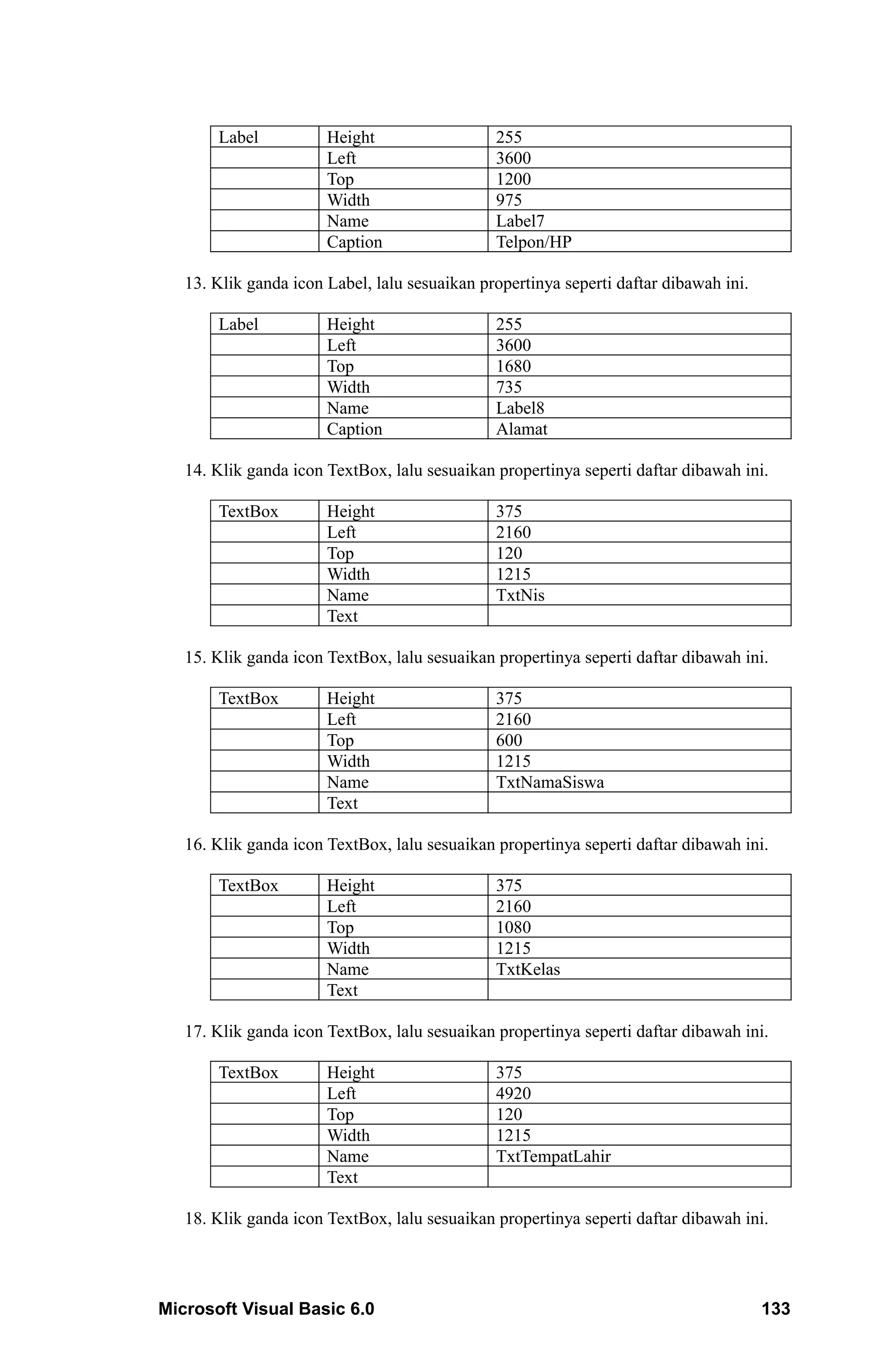 Label           Height                  255
                       Left                    3600
                       Top                     1200
                       Width                   975
                       Name                    Label7
                       Caption                 Telpon/HP

   13. Klik ganda icon Label, lalu sesuaikan propertinya seperti daftar dibawah ini.

       Label           Height                  255
                       Left                    3600
                       Top                     1680
                       Width                   735
                       Name                    Label8
                       Caption                 Alamat

   14. Klik ganda icon TextBox, lalu sesuaikan propertinya seperti daftar dibawah ini.

       TextBox         Height                  375
                       Left                    2160
                       Top                     120
                       Width                   1215
                       Name                    TxtNis
                       Text

   15. Klik ganda icon TextBox, lalu sesuaikan propertinya seperti daftar dibawah ini.

       TextBox         Height                  375
                       Left                    2160
                       Top                     600
                       Width                   1215
                       Name                    TxtNamaSiswa
                       Text

   16. Klik ganda icon TextBox, lalu sesuaikan propertinya seperti daftar dibawah ini.

       TextBox         Height                  375
                       Left                    2160
                       Top                     1080
                       Width                   1215
                       Name                    TxtKelas
                       Text

   17. Klik ganda icon TextBox, lalu sesuaikan propertinya seperti daftar dibawah ini.

       TextBox         Height                  375
                       Left                    4920
                       Top                     120
                       Width                   1215
                       Name                    TxtTempatLahir
                       Text

   18. Klik ganda icon TextBox, lalu sesuaikan propertinya seperti daftar dibawah ini.




Microsoft Visual Basic 6.0                                                             133
 