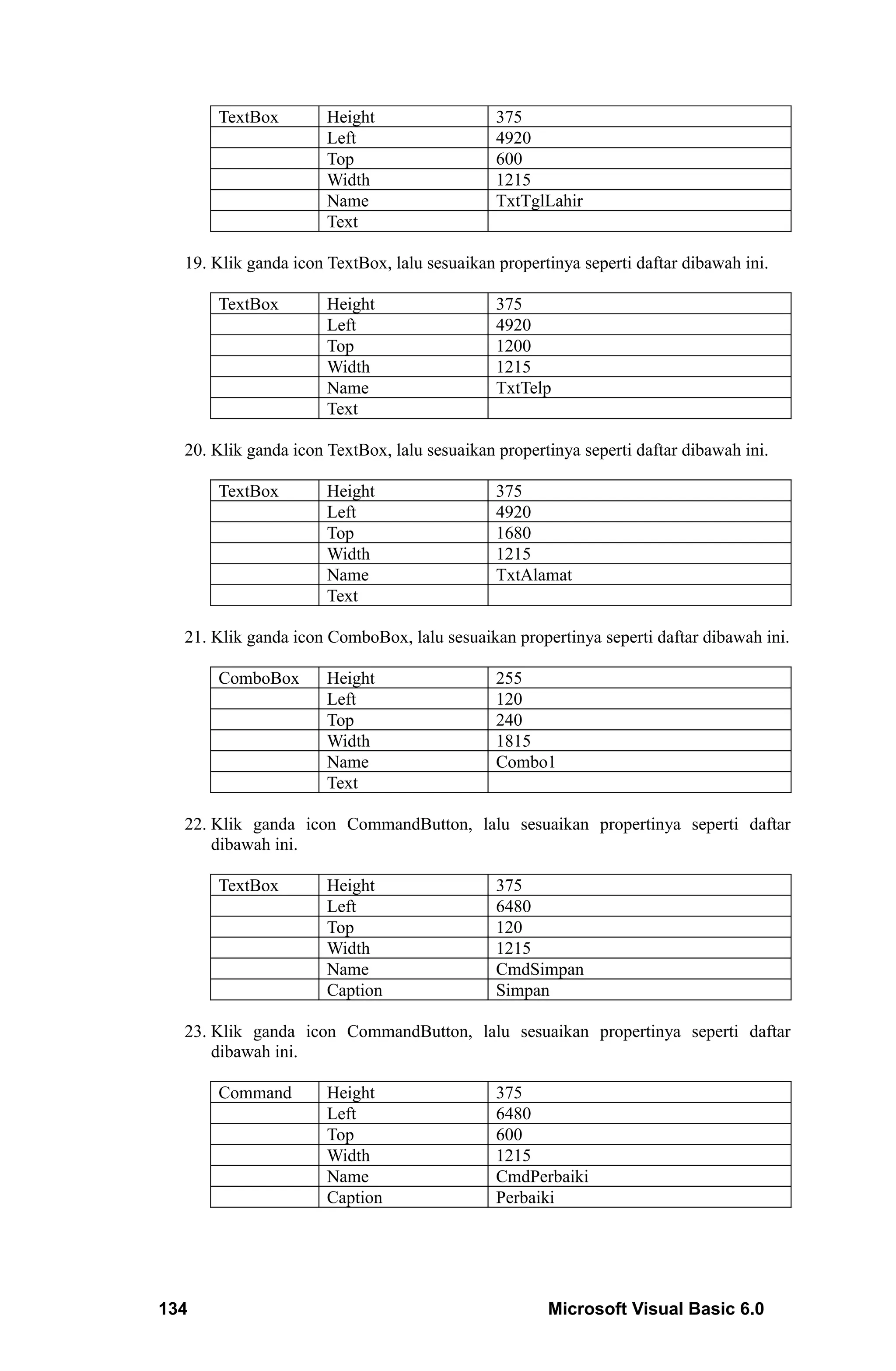 TextBox         Height                  375
                      Left                    4920
                      Top                     600
                      Width                   1215
                      Name                    TxtTglLahir
                      Text

  19. Klik ganda icon TextBox, lalu sesuaikan propertinya seperti daftar dibawah ini.

      TextBox         Height                  375
                      Left                    4920
                      Top                     1200
                      Width                   1215
                      Name                    TxtTelp
                      Text

  20. Klik ganda icon TextBox, lalu sesuaikan propertinya seperti daftar dibawah ini.

      TextBox         Height                  375
                      Left                    4920
                      Top                     1680
                      Width                   1215
                      Name                    TxtAlamat
                      Text

  21. Klik ganda icon ComboBox, lalu sesuaikan propertinya seperti daftar dibawah ini.

      ComboBox        Height                  255
                      Left                    120
                      Top                     240
                      Width                   1815
                      Name                    Combo1
                      Text

  22. Klik ganda icon CommandButton, lalu sesuaikan propertinya seperti daftar
      dibawah ini.

      TextBox         Height                  375
                      Left                    6480
                      Top                     120
                      Width                   1215
                      Name                    CmdSimpan
                      Caption                 Simpan

  23. Klik ganda icon CommandButton, lalu sesuaikan propertinya seperti daftar
      dibawah ini.

      Command         Height                  375
                      Left                    6480
                      Top                     600
                      Width                   1215
                      Name                    CmdPerbaiki
                      Caption                 Perbaiki




134                                                  Microsoft Visual Basic 6.0
 