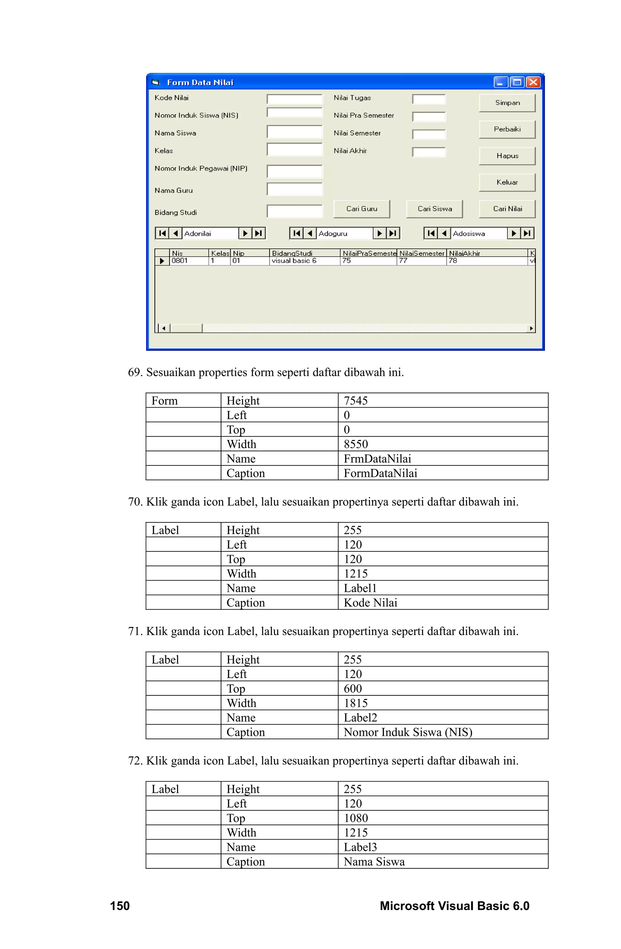 69. Sesuaikan properties form seperti daftar dibawah ini.

      Form            Height                  7545
                      Left                    0
                      Top                     0
                      Width                   8550
                      Name                    FrmDataNilai
                      Caption                 FormDataNilai

  70. Klik ganda icon Label, lalu sesuaikan propertinya seperti daftar dibawah ini.

      Label           Height                  255
                      Left                    120
                      Top                     120
                      Width                   1215
                      Name                    Label1
                      Caption                 Kode Nilai

  71. Klik ganda icon Label, lalu sesuaikan propertinya seperti daftar dibawah ini.

      Label           Height                  255
                      Left                    120
                      Top                     600
                      Width                   1815
                      Name                    Label2
                      Caption                 Nomor Induk Siswa (NIS)

  72. Klik ganda icon Label, lalu sesuaikan propertinya seperti daftar dibawah ini.

      Label           Height                  255
                      Left                    120
                      Top                     1080
                      Width                   1215
                      Name                    Label3
                      Caption                 Nama Siswa


150                                                   Microsoft Visual Basic 6.0
 