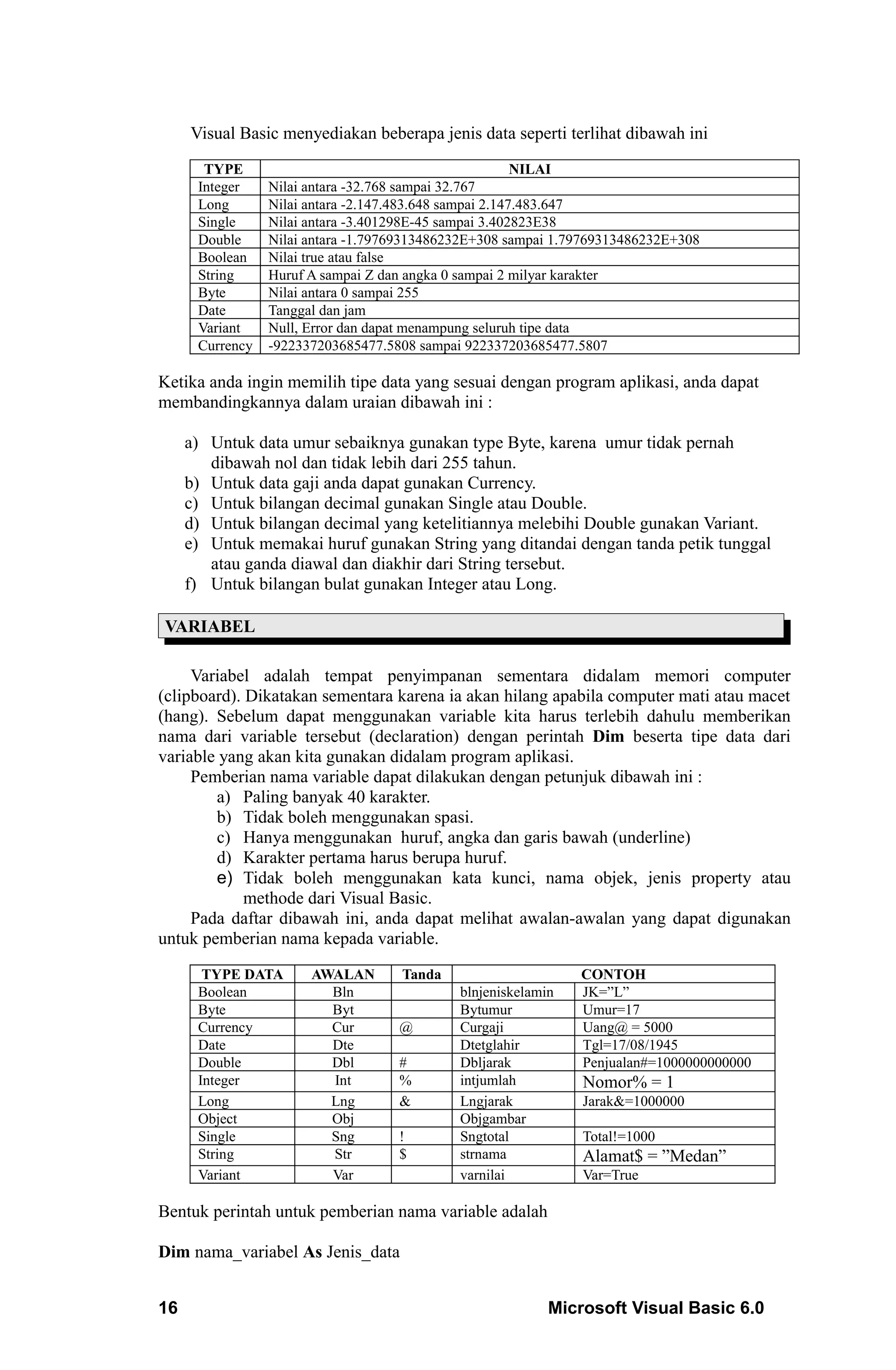 Visual Basic menyediakan beberapa jenis data seperti terlihat dibawah ini

       TYPE                                              NILAI
      Integer    Nilai antara -32.768 sampai 32.767
      Long       Nilai antara -2.147.483.648 sampai 2.147.483.647
      Single     Nilai antara -3.401298E-45 sampai 3.402823E38
      Double     Nilai antara -1.79769313486232E+308 sampai 1.79769313486232E+308
      Boolean    Nilai true atau false
      String     Huruf A sampai Z dan angka 0 sampai 2 milyar karakter
      Byte       Nilai antara 0 sampai 255
      Date       Tanggal dan jam
      Variant    Null, Error dan dapat menampung seluruh tipe data
      Currency   -922337203685477.5808 sampai 922337203685477.5807

Ketika anda ingin memilih tipe data yang sesuai dengan program aplikasi, anda dapat
membandingkannya dalam uraian dibawah ini :

     a) Untuk data umur sebaiknya gunakan type Byte, karena umur tidak pernah
        dibawah nol dan tidak lebih dari 255 tahun.
     b) Untuk data gaji anda dapat gunakan Currency.
     c) Untuk bilangan decimal gunakan Single atau Double.
     d) Untuk bilangan decimal yang ketelitiannya melebihi Double gunakan Variant.
     e) Untuk memakai huruf gunakan String yang ditandai dengan tanda petik tunggal
        atau ganda diawal dan diakhir dari String tersebut.
     f) Untuk bilangan bulat gunakan Integer atau Long.

VARIABEL

     Variabel adalah tempat penyimpanan sementara didalam memori computer
(clipboard). Dikatakan sementara karena ia akan hilang apabila computer mati atau macet
(hang). Sebelum dapat menggunakan variable kita harus terlebih dahulu memberikan
nama dari variable tersebut (declaration) dengan perintah Dim beserta tipe data dari
variable yang akan kita gunakan didalam program aplikasi.
     Pemberian nama variable dapat dilakukan dengan petunjuk dibawah ini :
        a) Paling banyak 40 karakter.
        b) Tidak boleh menggunakan spasi.
        c) Hanya menggunakan huruf, angka dan garis bawah (underline)
        d) Karakter pertama harus berupa huruf.
        e) Tidak boleh menggunakan kata kunci, nama objek, jenis property atau
             methode dari Visual Basic.
     Pada daftar dibawah ini, anda dapat melihat awalan-awalan yang dapat digunakan
untuk pemberian nama kepada variable.

       TYPE DATA       AWALAN       Tanda                      CONTOH
      Boolean            Bln                 blnjeniskelamin   JK=”L”
      Byte               Byt                 Bytumur           Umur=17
      Currency           Cur        @        Curgaji           Uang@ = 5000
      Date               Dte                 Dtetglahir        Tgl=17/08/1945
      Double             Dbl        #        Dbljarak          Penjualan#=1000000000000
      Integer            Int        %        intjumlah         Nomor% = 1
      Long               Lng        &        Lngjarak          Jarak&=1000000
      Object             Obj                 Objgambar
      Single             Sng        !        Sngtotal          Total!=1000
      String             Str        $        strnama           Alamat$ = ”Medan”
      Variant            Var                 varnilai          Var=True

Bentuk perintah untuk pemberian nama variable adalah

Dim nama_variabel As Jenis_data


16                                                         Microsoft Visual Basic 6.0
 