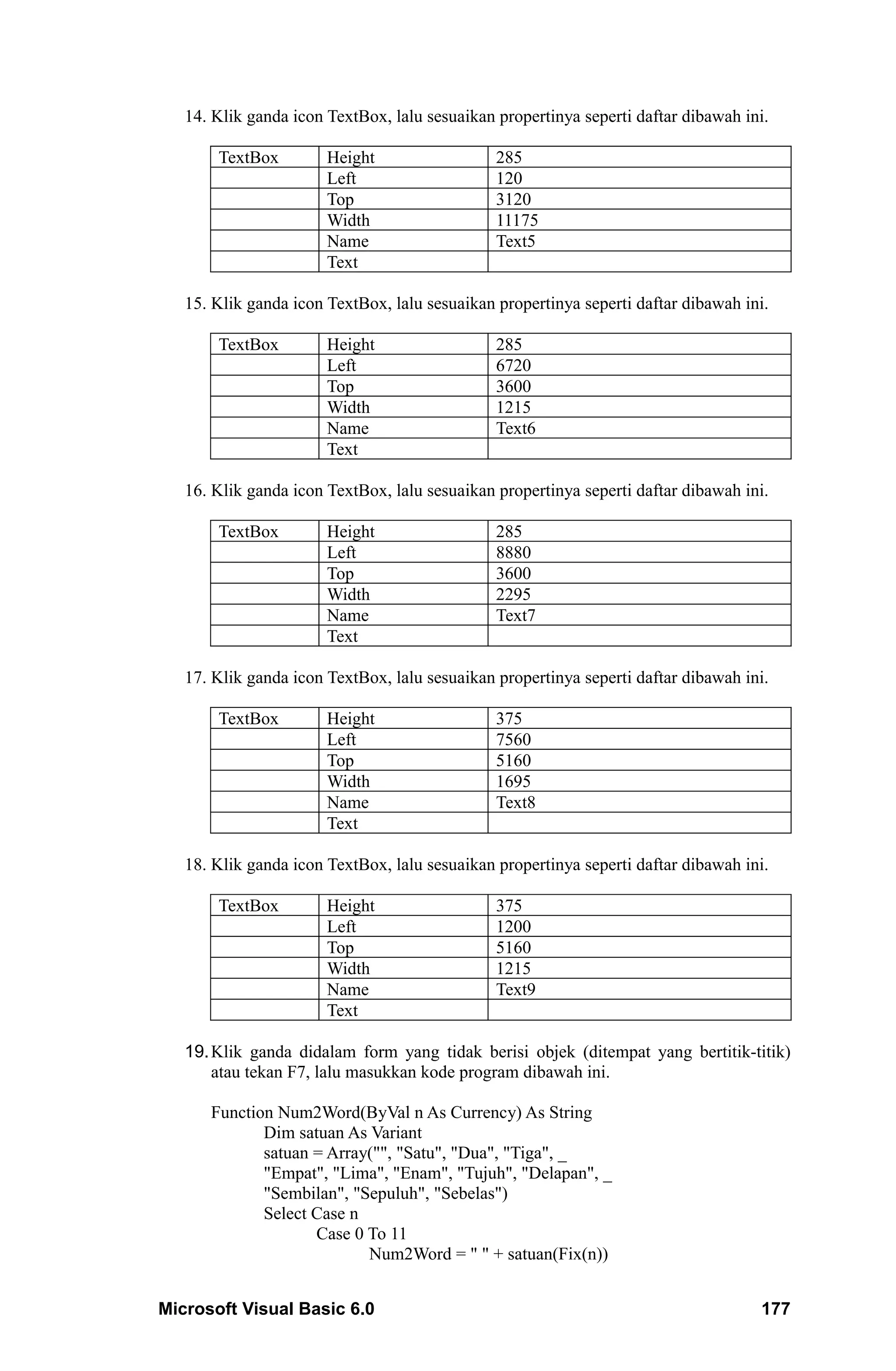 14. Klik ganda icon TextBox, lalu sesuaikan propertinya seperti daftar dibawah ini.

       TextBox         Height                  285
                       Left                    120
                       Top                     3120
                       Width                   11175
                       Name                    Text5
                       Text

   15. Klik ganda icon TextBox, lalu sesuaikan propertinya seperti daftar dibawah ini.

       TextBox         Height                  285
                       Left                    6720
                       Top                     3600
                       Width                   1215
                       Name                    Text6
                       Text

   16. Klik ganda icon TextBox, lalu sesuaikan propertinya seperti daftar dibawah ini.

       TextBox         Height                  285
                       Left                    8880
                       Top                     3600
                       Width                   2295
                       Name                    Text7
                       Text

   17. Klik ganda icon TextBox, lalu sesuaikan propertinya seperti daftar dibawah ini.

       TextBox         Height                  375
                       Left                    7560
                       Top                     5160
                       Width                   1695
                       Name                    Text8
                       Text

   18. Klik ganda icon TextBox, lalu sesuaikan propertinya seperti daftar dibawah ini.

       TextBox         Height                  375
                       Left                    1200
                       Top                     5160
                       Width                   1215
                       Name                    Text9
                       Text

   19. Klik ganda didalam form yang tidak berisi objek (ditempat yang bertitik-titik)
       atau tekan F7, lalu masukkan kode program dibawah ini.

      Function Num2Word(ByVal n As Currency) As String
             Dim satuan As Variant
             satuan = Array("", "Satu", "Dua", "Tiga", _
             "Empat", "Lima", "Enam", "Tujuh", "Delapan", _
             "Sembilan", "Sepuluh", "Sebelas")
             Select Case n
                    Case 0 To 11
                           Num2Word = " " + satuan(Fix(n))


Microsoft Visual Basic 6.0                                                          177
 