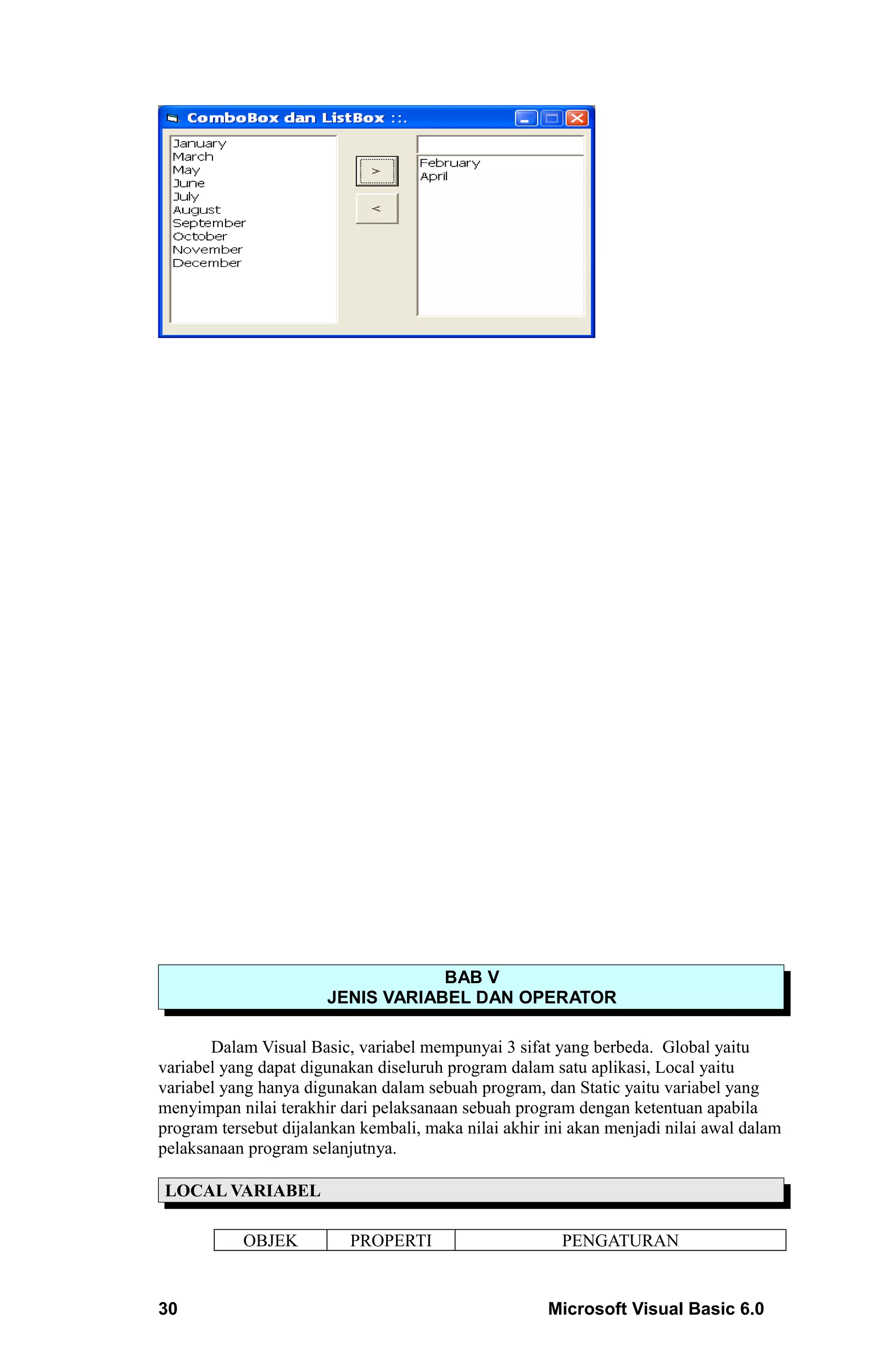 BAB V
                       JENIS VARIABEL DAN OPERATOR

       Dalam Visual Basic, variabel mempunyai 3 sifat yang berbeda. Global yaitu
variabel yang dapat digunakan diseluruh program dalam satu aplikasi, Local yaitu
variabel yang hanya digunakan dalam sebuah program, dan Static yaitu variabel yang
menyimpan nilai terakhir dari pelaksanaan sebuah program dengan ketentuan apabila
program tersebut dijalankan kembali, maka nilai akhir ini akan menjadi nilai awal dalam
pelaksanaan program selanjutnya.

LOCAL VARIABEL

           OBJEK          PROPERTI                      PENGATURAN


30                                                    Microsoft Visual Basic 6.0
 