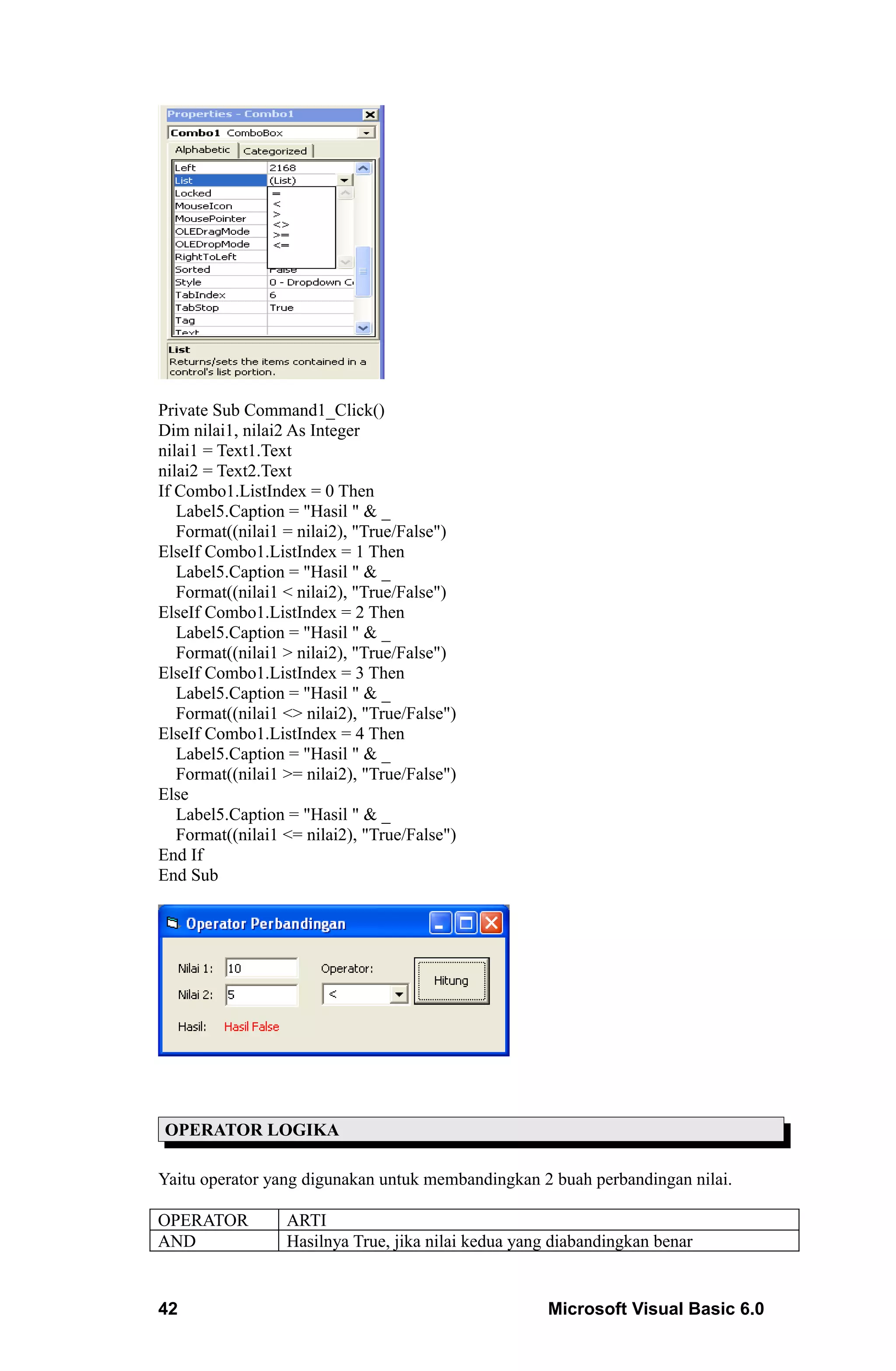 Private Sub Command1_Click()
Dim nilai1, nilai2 As Integer
nilai1 = Text1.Text
nilai2 = Text2.Text
If Combo1.ListIndex = 0 Then
   Label5.Caption = "Hasil " & _
   Format((nilai1 = nilai2), "True/False")
ElseIf Combo1.ListIndex = 1 Then
   Label5.Caption = "Hasil " & _
   Format((nilai1 < nilai2), "True/False")
ElseIf Combo1.ListIndex = 2 Then
   Label5.Caption = "Hasil " & _
   Format((nilai1 > nilai2), "True/False")
ElseIf Combo1.ListIndex = 3 Then
   Label5.Caption = "Hasil " & _
   Format((nilai1 <> nilai2), "True/False")
ElseIf Combo1.ListIndex = 4 Then
   Label5.Caption = "Hasil " & _
   Format((nilai1 >= nilai2), "True/False")
Else
   Label5.Caption = "Hasil " & _
   Format((nilai1 <= nilai2), "True/False")
End If
End Sub




OPERATOR LOGIKA

Yaitu operator yang digunakan untuk membandingkan 2 buah perbandingan nilai.

OPERATOR          ARTI
AND               Hasilnya True, jika nilai kedua yang diabandingkan benar


42                                                    Microsoft Visual Basic 6.0
 