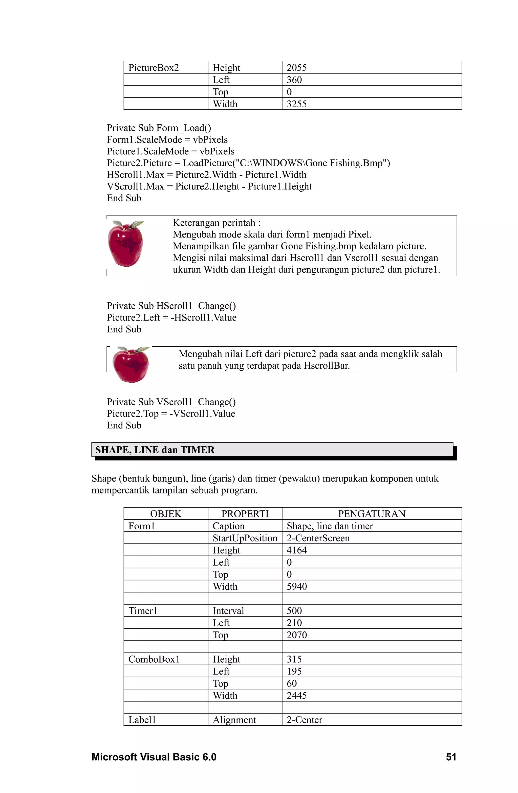 PictureBox2         Height            2055
                            Left              360
                            Top               0
                            Width             3255

   Private Sub Form_Load()
   Form1.ScaleMode = vbPixels
   Picture1.ScaleMode = vbPixels
   Picture2.Picture = LoadPicture("C:WINDOWSGone Fishing.Bmp")
   HScroll1.Max = Picture2.Width - Picture1.Width
   VScroll1.Max = Picture2.Height - Picture1.Height
   End Sub

                  Keterangan perintah :
                  Mengubah mode skala dari form1 menjadi Pixel.
                  Menampilkan file gambar Gone Fishing.bmp kedalam picture.
                  Mengisi nilai maksimal dari Hscroll1 dan Vscroll1 sesuai dengan
                  ukuran Width dan Height dari pengurangan picture2 dan picture1.


   Private Sub HScroll1_Change()
   Picture2.Left = -HScroll1.Value
   End Sub

                    Mengubah nilai Left dari picture2 pada saat anda mengklik salah
                    satu panah yang terdapat pada HscrollBar.


   Private Sub VScroll1_Change()
   Picture2.Top = -VScroll1.Value
   End Sub

SHAPE, LINE dan TIMER

Shape (bentuk bangun), line (garis) dan timer (pewaktu) merupakan komponen untuk
mempercantik tampilan sebuah program.

            OBJEK             PROPERTI                     PENGATURAN
        Form1               Caption           Shape, line dan timer
                            StartUpPosition   2-CenterScreen
                            Height            4164
                            Left              0
                            Top               0
                            Width             5940

        Timer1              Interval          500
                            Left              210
                            Top               2070

        ComboBox1           Height            315
                            Left              195
                            Top               60
                            Width             2445

        Label1              Alignment         2-Center


Microsoft Visual Basic 6.0                                                            51
 