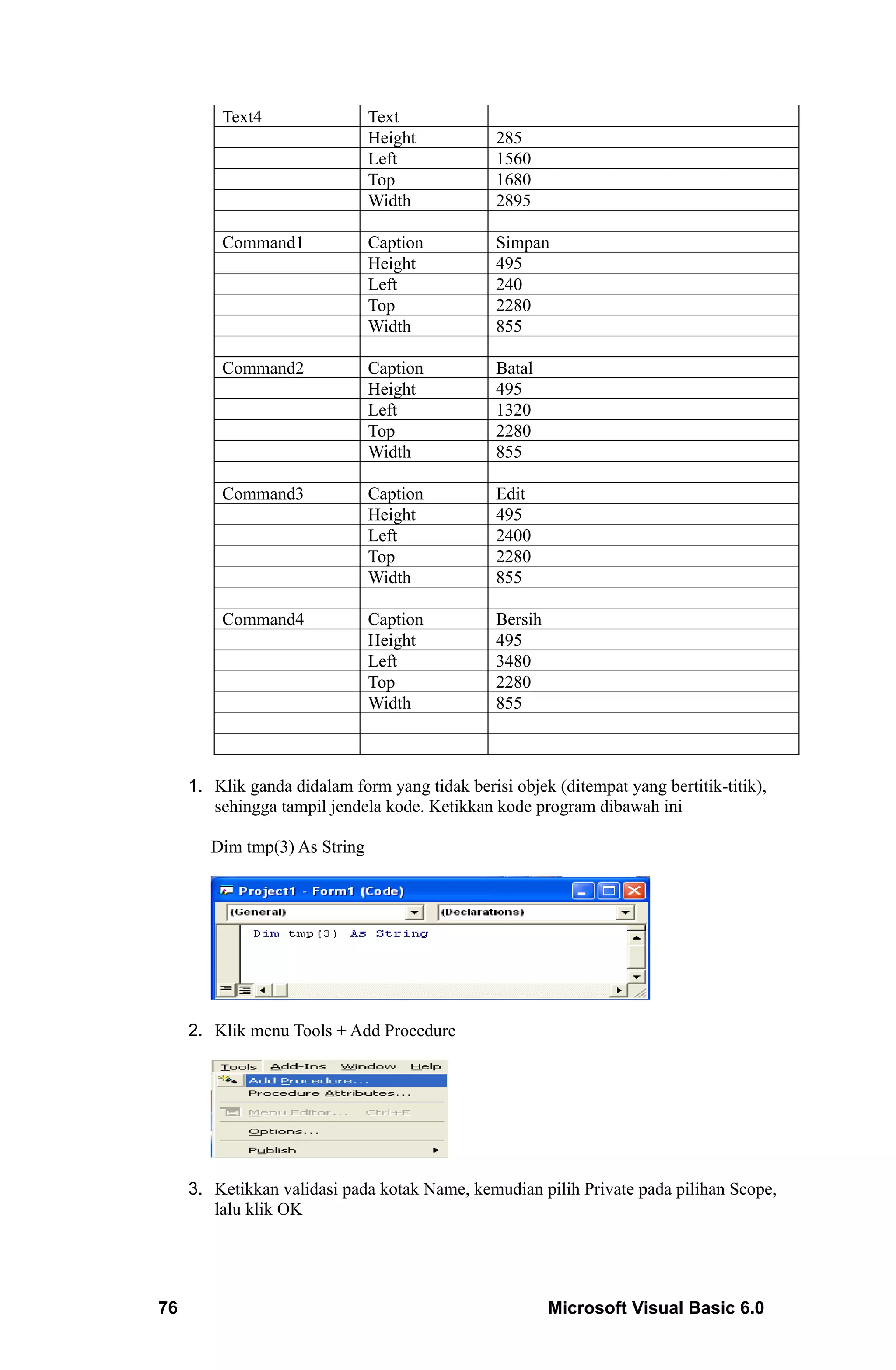 Text4                 Text
                               Height           285
                               Left             1560
                               Top              1680
                               Width            2895

         Command1              Caption          Simpan
                               Height           495
                               Left             240
                               Top              2280
                               Width            855

         Command2              Caption          Batal
                               Height           495
                               Left             1320
                               Top              2280
                               Width            855

         Command3              Caption          Edit
                               Height           495
                               Left             2400
                               Top              2280
                               Width            855

         Command4              Caption          Bersih
                               Height           495
                               Left             3480
                               Top              2280
                               Width            855



     1. Klik ganda didalam form yang tidak berisi objek (ditempat yang bertitik-titik),
        sehingga tampil jendela kode. Ketikkan kode program dibawah ini

        Dim tmp(3) As String




     2. Klik menu Tools + Add Procedure




     3. Ketikkan validasi pada kotak Name, kemudian pilih Private pada pilihan Scope,
        lalu klik OK




76                                                       Microsoft Visual Basic 6.0
 