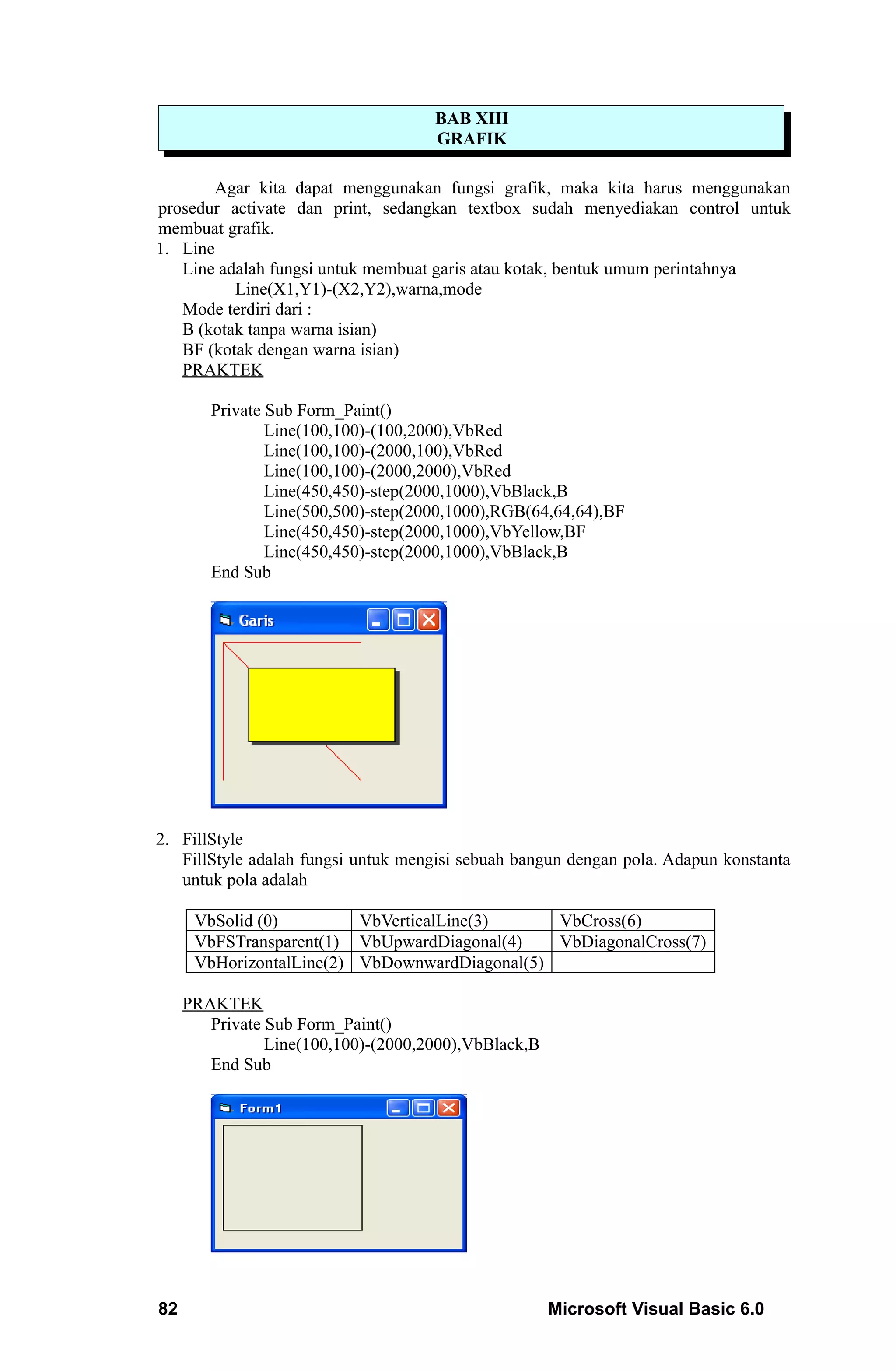 BAB XIII
                                     GRAFIK

       Agar kita dapat menggunakan fungsi grafik, maka kita harus menggunakan
prosedur activate dan print, sedangkan textbox sudah menyediakan control untuk
membuat grafik.
1. Line
   Line adalah fungsi untuk membuat garis atau kotak, bentuk umum perintahnya
          Line(X1,Y1)-(X2,Y2),warna,mode
   Mode terdiri dari :
   B (kotak tanpa warna isian)
   BF (kotak dengan warna isian)
   PRAKTEK

        Private Sub Form_Paint()
                Line(100,100)-(100,2000),VbRed
                Line(100,100)-(2000,100),VbRed
                Line(100,100)-(2000,2000),VbRed
                Line(450,450)-step(2000,1000),VbBlack,B
                Line(500,500)-step(2000,1000),RGB(64,64,64),BF
                Line(450,450)-step(2000,1000),VbYellow,BF
                Line(450,450)-step(2000,1000),VbBlack,B
        End Sub




2. FillStyle
   FillStyle adalah fungsi untuk mengisi sebuah bangun dengan pola. Adapun konstanta
   untuk pola adalah

      VbSolid (0)         VbVerticalLine(3)     VbCross(6)
      VbFSTransparent(1) VbUpwardDiagonal(4)    VbDiagonalCross(7)
      VbHorizontalLine(2) VbDownwardDiagonal(5)

     PRAKTEK
        Private Sub Form_Paint()
                Line(100,100)-(2000,2000),VbBlack,B
        End Sub




82                                                    Microsoft Visual Basic 6.0
 