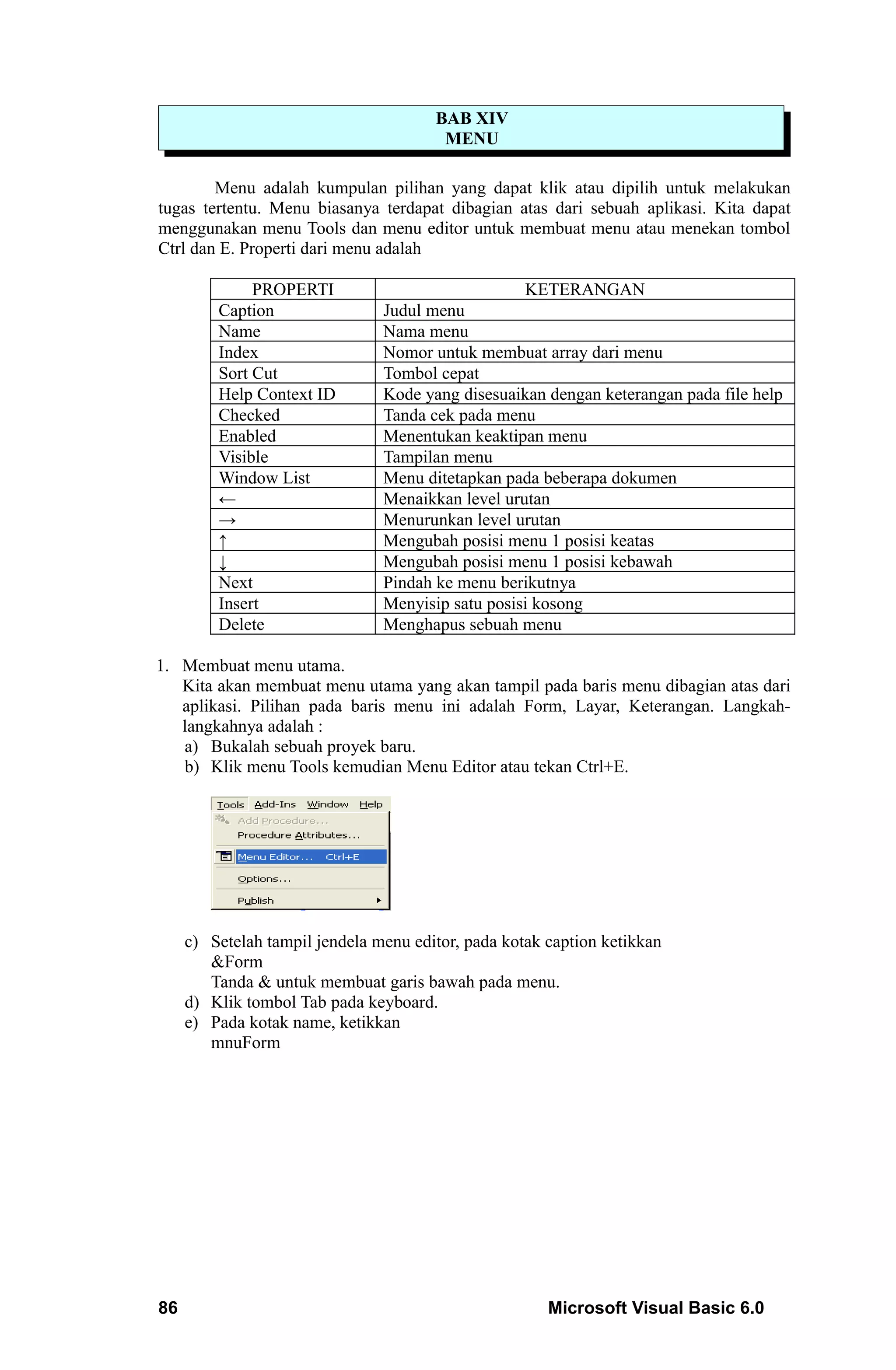 BAB XIV
                                        MENU

        Menu adalah kumpulan pilihan yang dapat klik atau dipilih untuk melakukan
tugas tertentu. Menu biasanya terdapat dibagian atas dari sebuah aplikasi. Kita dapat
menggunakan menu Tools dan menu editor untuk membuat menu atau menekan tombol
Ctrl dan E. Properti dari menu adalah

              PROPERTI                             KETERANGAN
         Caption                Judul menu
         Name                   Nama menu
         Index                  Nomor untuk membuat array dari menu
         Sort Cut               Tombol cepat
         Help Context ID        Kode yang disesuaikan dengan keterangan pada file help
         Checked                Tanda cek pada menu
         Enabled                Menentukan keaktipan menu
         Visible                Tampilan menu
         Window List            Menu ditetapkan pada beberapa dokumen
         ←                      Menaikkan level urutan
         →                      Menurunkan level urutan
         ↑                      Mengubah posisi menu 1 posisi keatas
         ↓                      Mengubah posisi menu 1 posisi kebawah
         Next                   Pindah ke menu berikutnya
         Insert                 Menyisip satu posisi kosong
         Delete                 Menghapus sebuah menu

1. Membuat menu utama.
   Kita akan membuat menu utama yang akan tampil pada baris menu dibagian atas dari
   aplikasi. Pilihan pada baris menu ini adalah Form, Layar, Keterangan. Langkah-
   langkahnya adalah :
   a) Bukalah sebuah proyek baru.
   b) Klik menu Tools kemudian Menu Editor atau tekan Ctrl+E.




     c) Setelah tampil jendela menu editor, pada kotak caption ketikkan
        &Form
        Tanda & untuk membuat garis bawah pada menu.
     d) Klik tombol Tab pada keyboard.
     e) Pada kotak name, ketikkan
        mnuForm




86                                                     Microsoft Visual Basic 6.0
 
