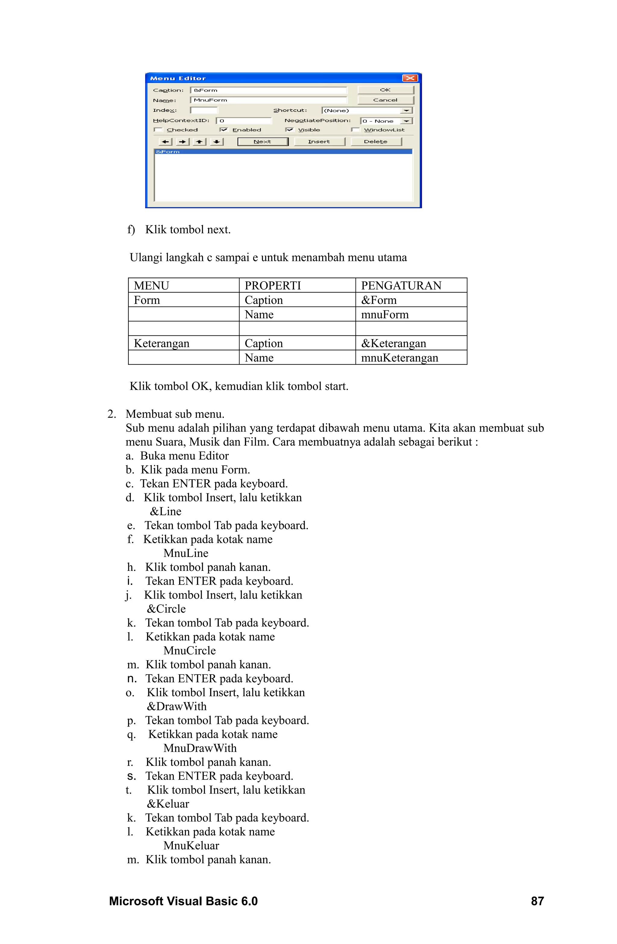 f) Klik tombol next.

    Ulangi langkah c sampai e untuk menambah menu utama

    MENU                  PROPERTI                PENGATURAN
    Form                  Caption                 &Form
                          Name                    mnuForm

    Keterangan            Caption                 &Keterangan
                          Name                    mnuKeterangan

    Klik tombol OK, kemudian klik tombol start.

2. Membuat sub menu.
   Sub menu adalah pilihan yang terdapat dibawah menu utama. Kita akan membuat sub
   menu Suara, Musik dan Film. Cara membuatnya adalah sebagai berikut :
   a. Buka menu Editor
   b. Klik pada menu Form.
   c. Tekan ENTER pada keyboard.
   d. Klik tombol Insert, lalu ketikkan
        &Line
   e. Tekan tombol Tab pada keyboard.
   f. Ketikkan pada kotak name
          MnuLine
   h. Klik tombol panah kanan.
   i. Tekan ENTER pada keyboard.
   j. Klik tombol Insert, lalu ketikkan
       &Circle
   k. Tekan tombol Tab pada keyboard.
   l. Ketikkan pada kotak name
          MnuCircle
   m. Klik tombol panah kanan.
   n. Tekan ENTER pada keyboard.
   o. Klik tombol Insert, lalu ketikkan
       &DrawWith
   p. Tekan tombol Tab pada keyboard.
   q. Ketikkan pada kotak name
          MnuDrawWith
   r. Klik tombol panah kanan.
   s. Tekan ENTER pada keyboard.
   t. Klik tombol Insert, lalu ketikkan
       &Keluar
   k. Tekan tombol Tab pada keyboard.
   l. Ketikkan pada kotak name
          MnuKeluar
   m. Klik tombol panah kanan.


Microsoft Visual Basic 6.0                                                     87
 
