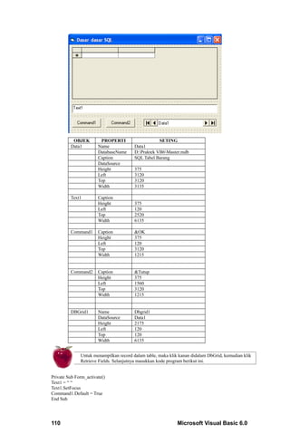 OBJEK         PROPERTI                    SETING
         Data1         Name             Data1
                       DatabaseName     D:Praktek VB6Master.mdb
                       Caption          SQL Tabel Barang
                       DataSource
                       Height           375
                       Left             3120
                       Top              3120
                       Width            3135

         Text1         Caption
                       Height           375
                       Left             120
                       Top              2520
                       Width            6135

         Command1      Caption          &OK
                       Height           375
                       Left             120
                       Top              3120
                       Width            1215


         Command2      Caption          &Tutup
                       Height           375
                       Left             1560
                       Top              3120
                       Width            1215


         DBGrid1       Name             Dbgrid1
                       DataSource       Data1
                       Height           2175
                       Left             120
                       Top              120
                       Width            6135


              Untuk menampilkan record dalam table, maka klik kanan didalam DbGrid, kemudian klik
              Retrieve Fields. Selanjutnya masukkan kode program berikut ini.


Private Sub Form_activate()
Text1 = “ “
Text1.SetFocus
Command1.Default = True
End Sub




110                                                          Microsoft Visual Basic 6.0
 