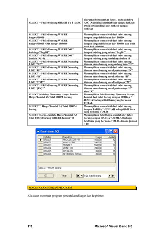diurutkan berdasarkan field 1, yaitu kodebrg
 SELECT * FROM barang ORDER BY 1 DESC       ASC (Ascending) dari terbesar sampai terkecil
                                            DESC (Descending) dari terkecil sampai
                                            terbesar

 SELECT * FROM barang WHERE                 Menampilkan semua field dari tabel barang
 harga>500000                               dengan harga lebih besar dari 500000
 SELECT * FROM barang WHERE                 Menampilkan semua field dari tabel barang
 harga>500000 AND harga<1000000             dengan harga lebih besar dari 500000 dan lebih
                                            kecil dari 1000000
 SELECT * FROM barang WHERE NOT             Menampilkan semua field dari tabel barang
 kodebrg=”Brg001”                           dengan kodebrg yang bukan “Brg001”
 SELECT * FROM barang WHERE NOT             Menampilkan semua field dari tabel barang
 Jumlah IN(10)                              dengan kodebrg yang jumlahnya bukan 10
 SELECT * FROM barang WHERE Namabrg         Menampilkan semua field dari tabel barang
 LIKE “*E*”                                 dimana nama barang mengandung huruf “E”
 SELECT * FROM barang WHERE Namabrg         Menampilkan semua field dari tabel barang
 LIKE “K*”                                  dimana nama barang huruf pertamanya “K”
 SELECT * FROM barang WHERE Namabrg         Menampilkan semua field dari tabel barang
 LIKE “*R”                                  dimana nama barang huruf akhirnya “R”
 SELECT * FROM barang WHERE Namabrg         Menampilkan semua field dari tabel barang
 LIKE “??M*”                                dimana nama barang huruf ketiganya “M”
 SELECT * FROM barang WHERE Namabrg         Menampilkan semua field dari tabel barang
 LIKE “[PK]*”                               dimana nama barang huruf pertamanya “P”
                                            atau “K”
 SELECT Kodebrg, Namabrg, Harga, Jumlah,    Menampilkan field Kodebrg, Namabrg, Harga,
 Harga*Jumlah AS Total FROM barang          Jumlah dari tabel barang dengan HARGA *
                                            JUMLAH sebagai field baru yang bernama
                                            TOTAL
 SELECT *, Harga*Jumlah AS Total FROM       Menampilkan semua field dari tabel barang
 barang                                     dengan HARGA * JUMLAH sebagai field baru
                                            yang bernama TOTAL
 SELECT Harga, Jumlah, Harga*Jumlah AS      Menampilkan field Harga, Jumlah dari tabel
 Total FROM barang WHERE Jumlah=10          barang dengan HARGA * JUMLAH sebagai
                                            field baru yang bernama TOTAL dimana jumlah
                                            = 10




PENCETAKAN DENGAN PROGRAM


Kita akan membuat program pencetakan dilayar dan ke printer.




112                                                  Microsoft Visual Basic 6.0
 