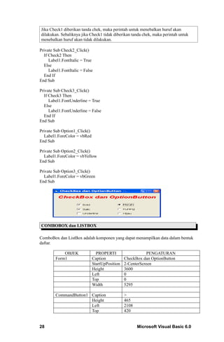 Jika Check1 diberikan tanda chek, maka perintah untuk menebalkan huruf akan
dilakukan. Sebaliknya jika Check1 tidak diberikan tanda chek, maka perintah untuk
menebalkan huruf akan tidak dilakukan.

Private Sub Check2_Click()
  If Check2 Then
     Label1.FontItalic = True
  Else
     Label1.FontItalic = False
  End If
End Sub

Private Sub Check3_Click()
  If Check3 Then
     Label1.FontUnderline = True
  Else
     Label1.FontUnderline = False
  End If
End Sub

Private Sub Option1_Click()
  Label1.ForeColor = vbRed
End Sub

Private Sub Option2_Click()
  Label1.ForeColor = vbYellow
End Sub

Private Sub Option3_Click()
  Label1.ForeColor = vbGreen
End Sub




COMBOBOX dan LISTBOX

ComboBox dan ListBox adalah komponen yang dapat menampilkan data dalam bentuk
daftar.

             OBJEK              PROPERTI                    PENGATURAN
         Form1                Caption           CheckBox dan OptionButton
                              StartUpPosition   2-CenterScreen
                              Height            3600
                              Left              0
                              Top               0
                              Width             5295

         CommandButton1 Caption                 >
                        Height                  465
                        Left                    2108
                        Top                     420


28                                                     Microsoft Visual Basic 6.0
 