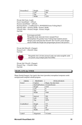 PictureBox2         Height            2055
                            Left              360
                            Top               0
                            Width             3255

   Private Sub Form_Load()
   Form1.ScaleMode = vbPixels
   Picture1.ScaleMode = vbPixels
   Picture2.Picture = LoadPicture("C:WINDOWSGone Fishing.Bmp")
   HScroll1.Max = Picture2.Width - Picture1.Width
   VScroll1.Max = Picture2.Height - Picture1.Height
   End Sub

                  Keterangan perintah :
                  Mengubah mode skala dari form1 menjadi Pixel.
                  Menampilkan file gambar Gone Fishing.bmp kedalam picture.
                  Mengisi nilai maksimal dari Hscroll1 dan Vscroll1 sesuai dengan
                  ukuran Width dan Height dari pengurangan picture2 dan picture1.


   Private Sub HScroll1_Change()
   Picture2.Left = -HScroll1.Value
   End Sub

                    Mengubah nilai Left dari picture2 pada saat anda mengklik salah
                    satu panah yang terdapat pada HscrollBar.


   Private Sub VScroll1_Change()
   Picture2.Top = -VScroll1.Value
   End Sub

SHAPE, LINE dan TIMER

Shape (bentuk bangun), line (garis) dan timer (pewaktu) merupakan komponen untuk
mempercantik tampilan sebuah program.

            OBJEK             PROPERTI                     PENGATURAN
        Form1               Caption           Shape, line dan timer
                            StartUpPosition   2-CenterScreen
                            Height            4164
                            Left              0
                            Top               0
                            Width             5940

        Timer1              Interval          500
                            Left              210
                            Top               2070

        ComboBox1           Height            315
                            Left              195
                            Top               60
                            Width             2445

        Label1              Alignment         2-Center


Microsoft Visual Basic 6.0                                                            51
 