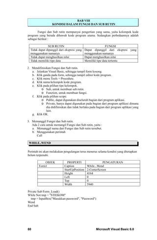 BAB VIII
                   KONDISI DALAM FUNGSI DAN SUB RUTIN

        Fungsi dan Sub rutin mempunyai pengertian yang sama, yaitu kelompok kode
program yang berada dibawah kode program utama. Sedangkan perbedaannya adalah
sebagai berikut :

               SUB RUTIN                                   FUNGSI
  Tidak dapat dipanggil dari ekspresi yang Dapat dipanggil dari ekspresi yang
  menggunakan namanya                      menggunakan namanya
  Tidak dapat menghasilkan nilai           Dapat menghasilkan nilai
  Tidak memiliki tipe data                 Memiliki tipe data tertentu

2. Mendifinisikan Fungsi dan Sub rutin.
   a. Jalankan Visual Basic, sehingga tampil form kosong.
   b. Klik ganda pada form, sehingga tampil editor kode program.
   c. Klik menu Tools + Procedure.
   d. Klik nama kelompok kode program.
   e. Klik pada pilihan tipe kelompok.
          o Sub, untuk membuat sub rutin.
          o Function, untuk membuat fungsi.
   f. Klik pada pilihan scope.
          o Public, dapat digunakan diseluruh bagian dari program aplikasi.
          o Private, hanya dapat digunakan pada bagian dari program aplikasi dimana
              dia didifinisikan dan tidak berlaku pada bagian dari program aplikasi yang
              lain.
   g. Klik OK.

3. Memanggil Fungsi dan Sub rutin.
   Ada 2 cara untuk memangil Fungsi dan Sub rutin, yaitu :
   a. Memanggil nama dari Fungsi dan Sub rutin tersebut.
   b. Menggunakan perintah
      Call

 WHILE..WEND

Perintah ini akan melakukan pengulangan terus menerus selama kondisi yang ditetapkan
belum terpenuhi.

             OBJEK             PROPERTI                    PENGATURAN
         Form1               Caption           While...Wend
                             StartUpPosition   2-CenterScreen
                             Height            4164
                             Left              0
                             Top               0
                             Width             5940

Private Sub Form_Load()
While Not tmp = "STIEKOM"
  tmp = InputBox("Masukkan password", "Password")
Wend
End Sub




60                                                    Microsoft Visual Basic 6.0
 