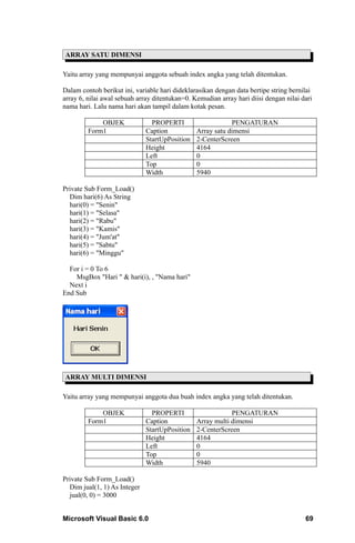 ARRAY SATU DIMENSI

Yaitu array yang mempunyai anggota sebuah index angka yang telah ditentukan.

Dalam contoh berikut ini, variable hari dideklarasikan dengan data bertipe string bernilai
array 6, nilai awal sebuah array ditentukan=0. Kemudian array hari diisi dengan nilai dari
nama hari. Lalu nama hari akan tampil dalam kotak pesan.

             OBJEK              PROPERTI                    PENGATURAN
         Form1                Caption           Array satu dimensi
                              StartUpPosition   2-CenterScreen
                              Height            4164
                              Left              0
                              Top               0
                              Width             5940

Private Sub Form_Load()
  Dim hari(6) As String
  hari(0) = "Senin"
  hari(1) = "Selasa"
  hari(2) = "Rabu"
  hari(3) = "Kamis"
  hari(4) = "Jum'at"
  hari(5) = "Sabtu"
  hari(6) = "Minggu"

  For i = 0 To 6
    MsgBox "Hari " & hari(i), , "Nama hari"
  Next i
End Sub




ARRAY MULTI DIMENSI

Yaitu array yang mempunyai anggota dua buah index angka yang telah ditentukan.

             OBJEK              PROPERTI                    PENGATURAN
         Form1                Caption           Array multi dimensi
                              StartUpPosition   2-CenterScreen
                              Height            4164
                              Left              0
                              Top               0
                              Width             5940

Private Sub Form_Load()
  Dim jual(1, 1) As Integer
  jual(0, 0) = 3000


Microsoft Visual Basic 6.0                                                             69
 