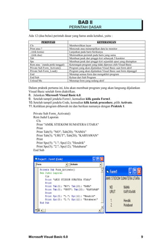 BAB II
                                    PERINTAH DASAR

Ada 12 (dua belas) perintah dasar yang harus anda ketahui, yaitu :

             PERINTAH                                         KETERANGAN
 Cls                                Membersihkan layar
 Print atau ?                       Mencetak atau menampilkan data ke monitor
 ; (titik koma)                     Lanjutkan pada baris berikunya
 : (titik dua)                      Memisahkan perintah pada baris yang sama
 Tab                                Membuat jarak dari pinggir kiri sebanyak 5 karakter
 Spc                                Membuat jarak dari pinggir kiri sejumlah spasi yang ditetapkan
 Rem atau ‘ (tanda petik tunggal)   Keterangan program yang tidak diproses oleh Visual Basic
 Private Sub Form_Activate()        Program yang akan dijalankan Visual Basic saat form aktif
 Private Sub Form_Load()            Program yang akan dijalankan Visual Basic saat form dipanggil
 End                                Menutup semua form dan mengakhiri program
 End Sub                            Keluar dari Sub Program
 Unload Me                          Menutup form yang sedang aktif

Dalam praktek pertama ini, kita akan membuat program yang akan langsung dijalankan
Visual Basic setelah form diaktifkan.
8. Jalankan Microsoft Visual Basic 6.0.
9. Setelah tampil jendela Form1, kemudian klik ganda Form1.
10. Setelah tampil jendela Code, kemudian klik kotak procedure, pilih Activate.
11. Ketikkan program dibawah ini dan berikan namanya dengan Praktek 1.

    Private Sub Form_Activate()
    Rem Judul Laporan
      Cls
      Print "AMIK STIEKOM SUMATERA UTARA"
      Print
      Print Tab(5); "NO"; Tab(20); "NAMA"
      Print Tab(5); "URUT"; Tab(20); "KARYAWAN"
      Print
      Print Spc(5); "1."; Spc(12); "Hendrik"
      Print Spc(5); "2."; Spc(12); "Hutabarat"
    End Sub




Microsoft Visual Basic 6.0                                                                           9
 