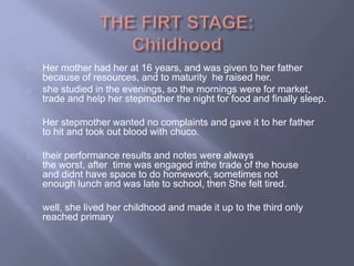 Her mother had her at 16 years, and was given to her father
because of resources, and to maturity he raised her.
she studied in the evenings, so the mornings were for market,
trade and help her stepmother the night for food and finally sleep.
Her stepmother wanted no complaints and gave it to her father
to hit and took out blood with chuco.
their performance results and notes were always
the worst, after time was engaged inthe trade of the house
and didnt have space to do homework, sometimes not
enough lunch and was late to school, then She felt tired.
well, she lived her childhood and made it up to the third only
reached primary
 