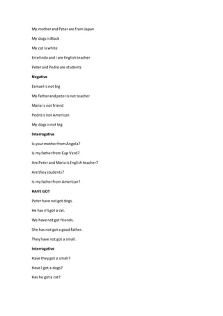 My motherandPeterare from Japan
My dogsisBlack
My cat iswhite
ErcelindoandI are Englishteacher
PeterandPedroare students
Negative
Esmael isnot big
My fatherandpeterisnot teacher
Maria is not friend
Pedroisnot American
My dogsisnot big
Interrogative
Is yourmotherfromAngola?
Is myfatherfrom Cap Verd?
Are Peterand Maria isEnglishteacher?
Are theystudents?
Is myfatherfrom American?
HAVE GOT
Peterhave notgot dogs.
He has n’tgot a cat.
We have notgot friends.
She has not gota goodfather.
Theyhave not got a small.
Interrogative
Have theygot a small?
Have I got a dogs?
Has he gota cat?
 