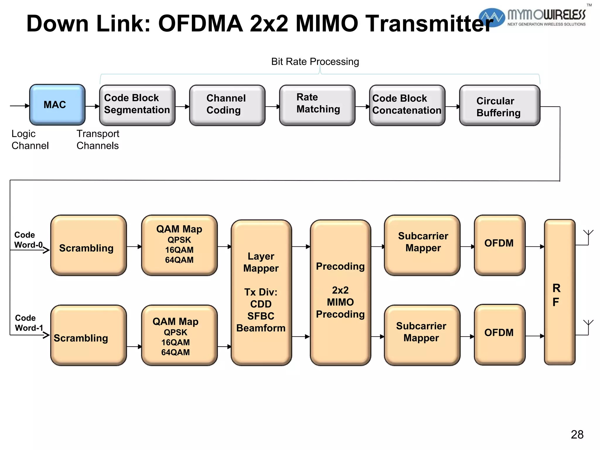 Code Block Segmentation Channel  Coding Rate Matching Code Block Concatenation Circular Buffering MAC Logic  Channel Transport Channels Code Word-0 Code Word-1 Scrambling QAM Map QPSK 16QAM 64QAM Scrambling QAM Map QPSK 16QAM 64QAM Layer Mapper Tx Div: CDD SFBC Beamform Precoding 2x2 MIMO Precoding Subcarrier Mapper Subcarrier Mapper OFDM OFDM Down Link: OFDMA 2x2 MIMO Transmitter  Bit Rate Processing RF 