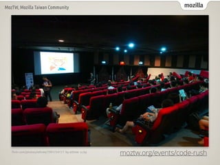 mozilla
MozTW, Mozilla Taiwan Community
fl
ickr.com/photos/othree/7991724117 by othree cc:by
moztw.org/events/code-rush
 
