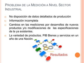 PROBLEMA DE LA MEDICIÓN A NIVEL SECTOR
INDUSTRIAL
a)
b)
c)

d)

No disposición de datos detallados de producción
Información incompleta
Cambios en las mediciones por desarrollos de nuevos
productos y/o modificaciones de las especificaciones
de la ya existentes.
La variedad de productos. PIB Bienes y servicios en un
año de una Nación.

 