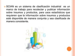

SCIAN es un sistema de clasificación industrial es un
marco de trabajo para recolectar y publicar información
sobre insumos y productos, para usos estadísticos que
requieren que la información sobre insumos y productos
esté disponible de manera conjunta y sea clasificada de
manera consistente.

 