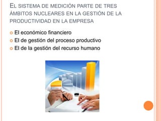 EL SISTEMA DE MEDICIÓN PARTE DE TRES
ÁMBITOS NUCLEARES EN LA GESTIÓN DE LA
PRODUCTIVIDAD EN LA EMPRESA

El económico financiero
 El de gestión del proceso productivo
 El de la gestión del recurso humano


 