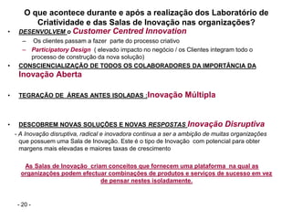 O que acontece durante e após a realização dos Laboratório de
          Criatividade e das Salas de Inovação nas organizações?
•    DESENVOLVEM o Customer Centred Innovation
      – Os clientes passam a fazer parte do processo criativo
      – Participatory Design ( elevado impacto no negócio / os Clientes integram todo o
        processo de construção da nova solução)
•    CONSCIENCIALIZAÇÃO DE TODOS OS COLABORADORES DA IMPORTÂNCIA DA
     Inovação Aberta

•    TEGRAÇÃO DE ÁREAS ANTES ISOLADAS :Inovação                   Múltipla


•    DESCOBREM NOVAS SOLUÇÕES E NOVAS RESPOSTAS                    Inovação Disruptiva
    - A Inovação disruptiva, radical e inovadora continua a ser a ambição de muitas organizações
      que possuem uma Sala de Inovação. Este é o tipo de Inovação com potencial para obter
      margens mais elevadas e maiores taxas de crescimento

       As Salas de Inovação criam conceitos que fornecem uma plataforma na qual as
      organizações podem efectuar combinações de produtos e serviços de sucesso em vez
                                de pensar nestes isoladamente.


     - 20 -
 