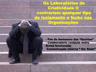 Os Laboratórios de
      Criatividade ®
 contrariam qualquer tipo
de isolamento e fecho nas
      Organizações



    • Fim do fenómeno das “Quintas”
    • Colaboratório (outputs entre
    Áreas funcionais)
    •Comunicação Interna “ Em Rede”
 