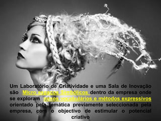Um Laboratório de Criatividade e uma Sala de Inovação
são Micro espaços Simbólicos dentro da empresa onde
se exploram novos vocabulários e métodos expressivos
orientado pela temática previamente seleccionada pela
empresa, com o objectivo de estimular o potencial
                       criativo
 