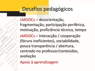 Desafios pedagógicos
cMOOCs – desorientação,
fragmentação, participação periférica,
motivação, proficiência técnica, tempo
xMOOCs – interacção / cooperação
(fóruns ineficientes), sociabilidade,
pouca transparência / abertura,
centrado no professor/conteúdos,
avaliação
Apoio à aprendizagem
 