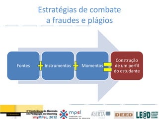 Estratégias de combate
           a fraudes e plágios



                                     Construção
Fontes    Instrumentos   Momentos   de um perfil
                                    do estudante
 