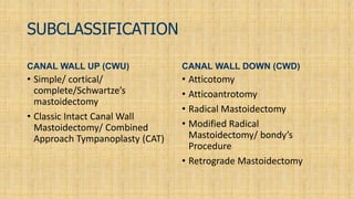SUBCLASSIFICATION
CANAL WALL UP (CWU)
• Simple/ cortical/
complete/Schwartze’s
mastoidectomy
• Classic Intact Canal Wall
Mastoidectomy/ Combined
Approach Tympanoplasty (CAT)
CANAL WALL DOWN (CWD)
• Atticotomy
• Atticoantrotomy
• Radical Mastoidectomy
• Modified Radical
Mastoidectomy/ bondy’s
Procedure
• Retrograde Mastoidectomy
 