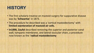 HISTORY
• The first scholarly treatise on mastoid surgery for suppurative disease
was by ‘Schwartze’ in 1873.
• The procedure he described was a ‘cortical mastoidectomy’ with
limited exenteration of mastoid air cells.
• In1890, Zaufal described removing the superior and posterior canal
wall, tympanic membrane, and lateral ossicular chain, a procedure
now known as the ‘radical mastoidectomy
 