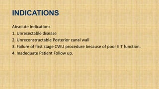 INDICATIONS
Absolute Indications
1. Unresectable disease
2. Unreconstructable Posterior canal wall
3. Failure of first stage CWU procedure because of poor E T function.
4. Inadequate Patient Follow up.
 