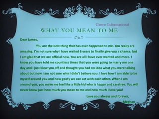 Genre: Informational

W H AT YO U M E A N T O M E
Dear James,
You are the best thing that has ever happened to me. You really are
amazing. I’m not sure why I have waited 6 years to finally give you a chance, but
I am glad that we are official now. You are all I have ever wanted and more. I
know you have told me countless times that you were going to marry me one

day and I just blew you off and thought you had no idea what you were talking
about but now I am not sure why I didn’t believe you. I love how I am able to be
myself around you and how goofy we can act with each other. When I am
around you, you make me feel like a little kid who is happy and carefree. You will
never know just how much you mean to me and how much I love you!

Love you always and forever,
Meghan

 