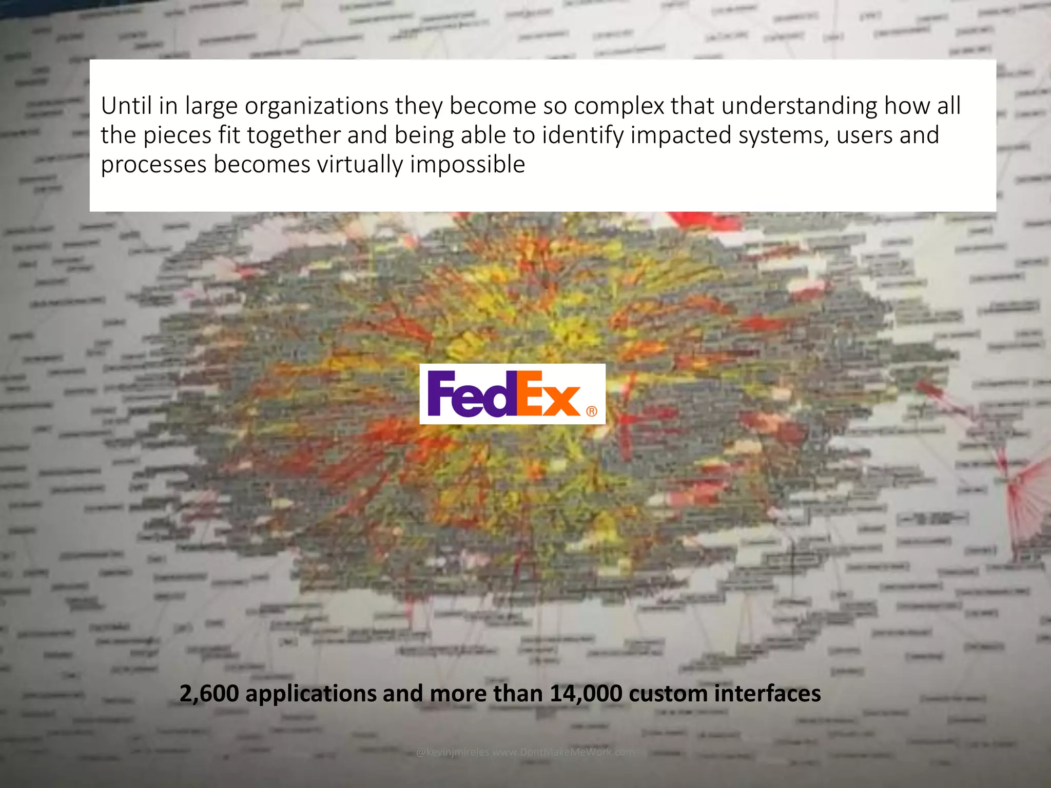 The reality: In an organization as big, old and complex as FedEx it’s impossible to
really understand all the systems, users, implications to accurately forecast the
future
12
2,600 applications and more than 14,000 custom interfaces
Until in large organizations they become so complex that understanding how all
the pieces fit together and being able to identify impacted systems, users and
processes becomes virtually impossible
@kevinjmireles www.DontMakeMeWork.com
 