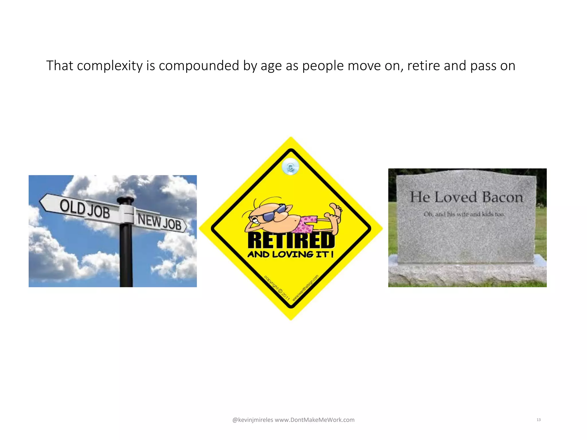 That complexity is compounded by age as people move on, retire and pass on
13@kevinjmireles www.DontMakeMeWork.com
 