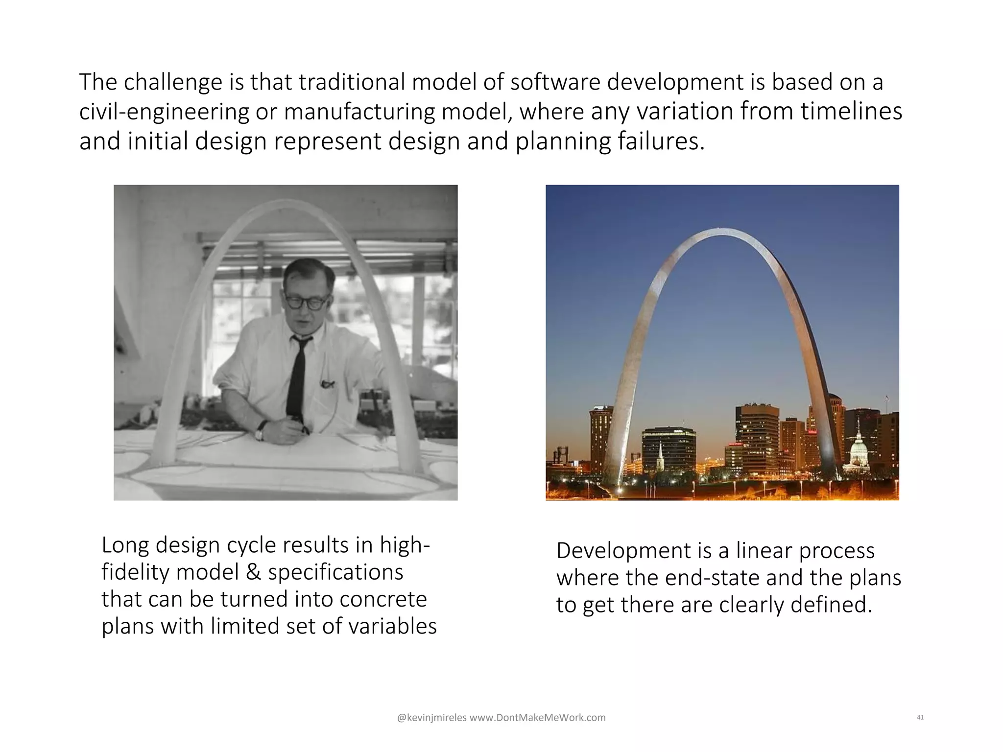 Long design cycle results in high-
fidelity model & specifications
that can be turned into concrete
plans with limited set of variables
41
The challenge is that traditional model of software development is based on a
civil-engineering or manufacturing model, where any variation from timelines
and initial design represent design and planning failures.
Development is a linear process
where the end-state and the plans
to get there are clearly defined.
@kevinjmireles www.DontMakeMeWork.com
 