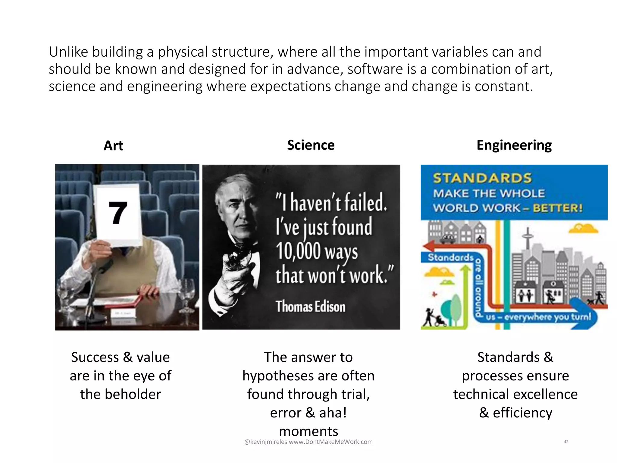 Unlike building a physical structure, where all the important variables can and
should be known and designed for in advance, software is a combination of art,
science and engineering where expectations change and change is constant.
42
Success & value
are in the eye of
the beholder
The answer to
hypotheses are often
found through trial,
error & aha!
moments
Standards &
processes ensure
technical excellence
& efficiency
Art Science Engineering
@kevinjmireles www.DontMakeMeWork.com
 